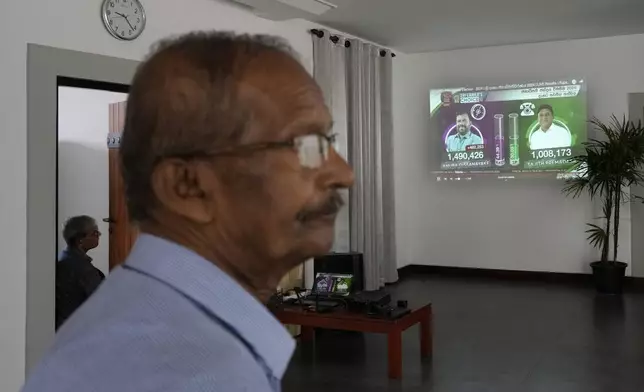 People watch early election result showing Marxist-leaning lawmaker Anura Kumara Dissanayake in a leading position on a television screen, in Colombo, Sri Lanka, Sunday, Sept. 22, 2024. (AP Photo/Eranga Jayawardane)