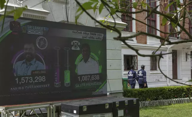 Latest update of the presidential election is displayed on a screen at a counting center, in Colombo, Sri Lanka, Sunday, Sept. 22, 2024.(AP Photo/Rajesh Kumar Singh)