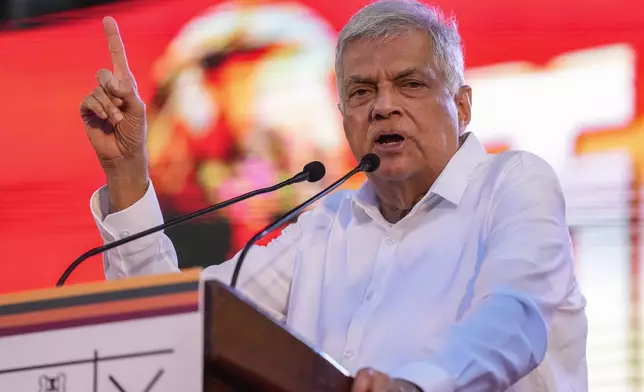 Sri Lanka's president Ranil Wickremesinghe speaks during a public rally in Colombo, Sri Lanka, on Aug. 28, 2024. (AP Photo/Eranga Jayawardena)