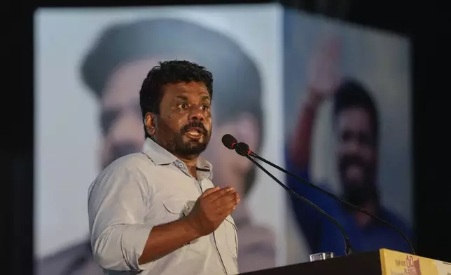 Leader and the presidential candidate of National People's Power Anura Kumara Dissanayake speaks to supporters during the final public rally ahead of the election in Colombo, Sri Lanka, Wednesday, Sept. 18, 2024. (AP Photo/Eranga Jayawardena)