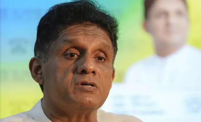 Opposition leader and the presidential candidate of United People's Power Sajith Premadasa speaks during an interview with The Associated Press in Colombo, Sri Lanka, Thursday, Sept. 12, 2024. (AP Photo/Eranga Jayawardena)