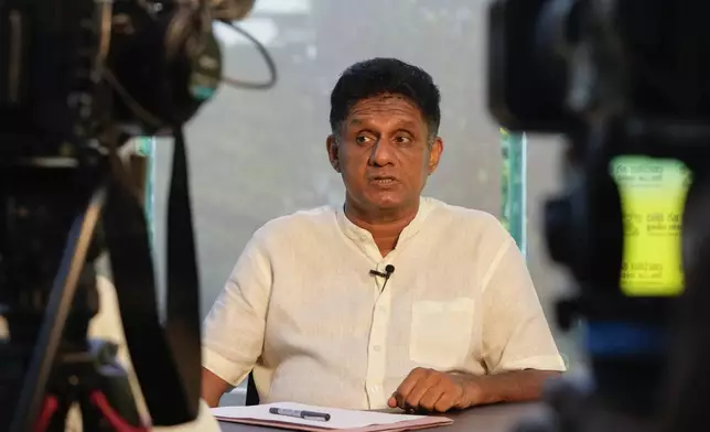 Opposition leader and the presidential candidate of United People's Power Sajith Premadasa speaks during an interview with The Associated Press in Colombo, Sri Lanka, Thursday, Sept. 12, 2024. (AP Photo/Eranga Jayawardena)