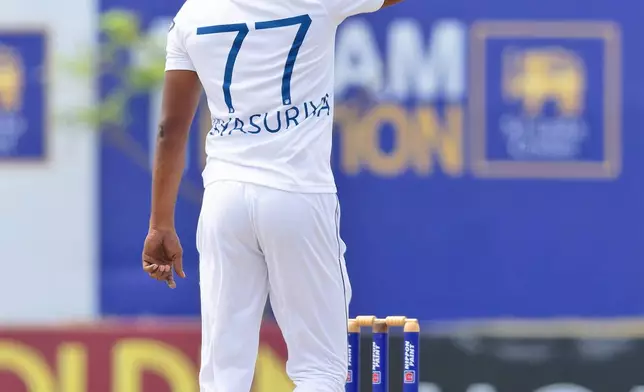 Sri Lanka's Prabath Jayasuriya celebrates the wicket of New Zealand's William O'Rourke, his fifth in the second innings, after Sri Lanka won the first cricket test match against New Zealand in Galle, Sri Lanka, Monday, Sept. 23, 2024. (AP Photo/Viraj Kothalawala)