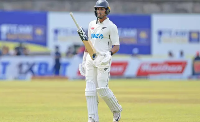 New Zealand's Rachin Ravindra reacts as he leaves the field after losing his wicket to Sri Lanka's Prabath Jayasuriya on the fifth and final day of the first cricket test match between New Zealand and Sri Lanka in Galle, Sri Lanka, Monday, Sept. 23, 2024. (AP Photo/Viraj Kothalawala)