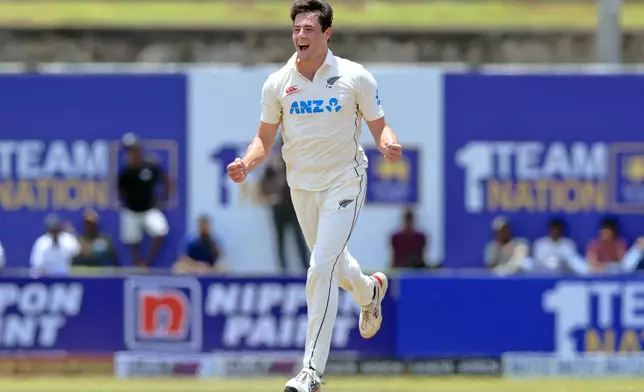 New Zealand's William O'Rourke celebrates the wicket of Sri Lanka's Pathum Nissanka on the third day of the first cricket test match between New Zealand and Sri Lanka in Galle, Sri Lanka, Friday, Sept. 20, 2024. (AP Photo/Viraj Kothalawala)