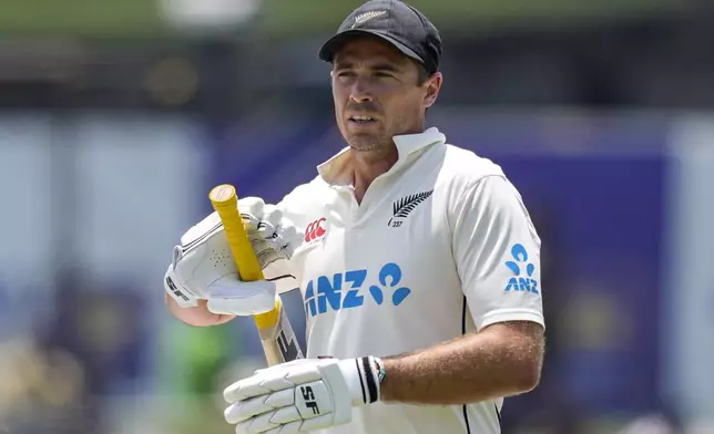 New Zealand's captain Tim Southee leaves the field after losing his wicket during the day three of the second test cricket match between Sri Lanka and New Zealand in Galle , Sri Lanka, Saturday, Sept. 28, 2024. (AP Photo/Eranga Jayawardena)