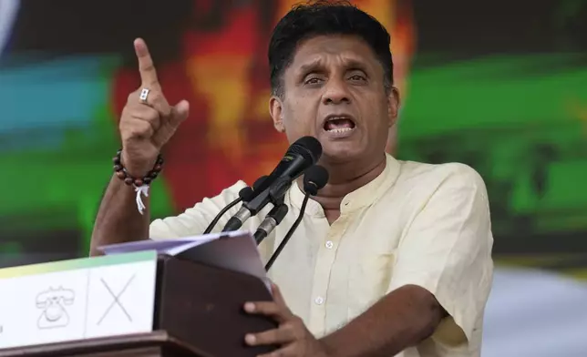 Sri Lanka's opposition leader and presidential candidate Sajith Premadasa speaks to his supporters during a public rally in Thalawakele, Sri Lanka, Sunday, Sept. 8, 2024. (AP Photo/Eranga Jayawardena)