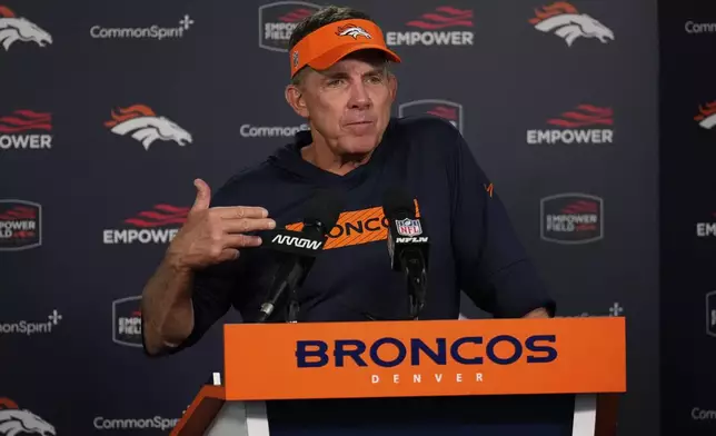 Denver Broncos head coach Sean Payton talks during the post game news conference after an NFL football game against the Pittsburgh Steelers, Sunday, Sept. 15, 2024, in Denver. (AP Photo/Jack Dempsey)