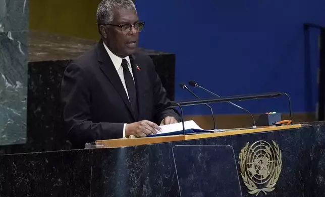 Bahamas Foreign Minister Frederick Mitchell addresses the the Summit of the Future, in the United Nations General Assembly, Monday, Sept. 23, 2024. (AP Photo/Richard Drew)