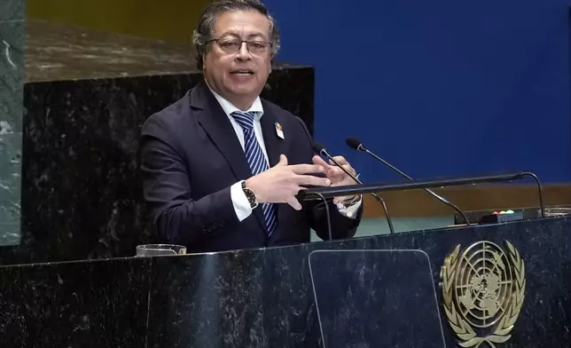 Colombia's President Gustavo Petro Urrego addresses the the Summit of the Future, in the United Nations General Assembly, Monday, Sept. 23, 2024. (AP Photo/Richard Drew)