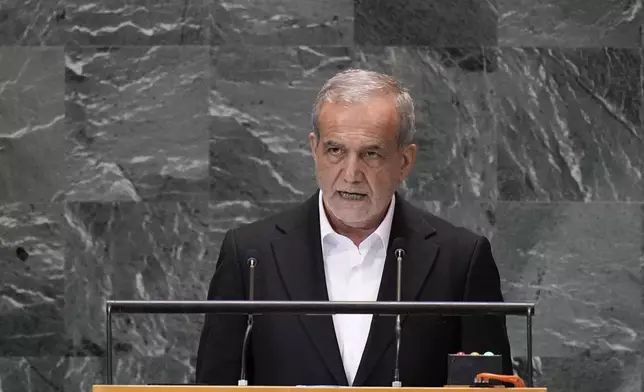 Iran's President Masoud Pezeshkian addresses the the Summit of the Future at United Nations headquarters, Monday, Sept. 23, 2024. (AP Photo/Seth Wenig)