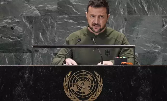 Ukraine's President Volodymyr Zelenskyy addresses the the Summit of the Future at United Nations headquarters, Monday, Sept. 23, 2024. (AP Photo/Seth Wenig)