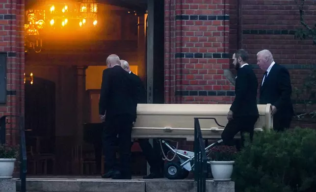 A coffin of football legend Sven-Goran Eriksson is carried into Fryksande church in Torsby, Sweden, Friday, Sept. 13, 2024. (Jonas Ekströmer/TT News Agency via AP)