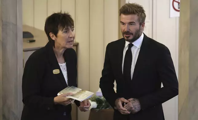 David Beckham arrives to attend the funeral service of Swedish soccer manager Sven-Goran Eriksson at Fryksände church in Torsby, Sweden, Friday Sept. 13, 2024. (Adam Ihse/TT News Agency via AP)