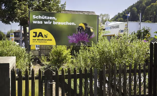 A poster for the Yes campaign is seen in a garden ahead of a biodiversity referendum due to take place on Sept. 22, in Belp, Switzerland, Saturday, Aug. 24,2024. (Peter Klaunzer/Keystone via AP)