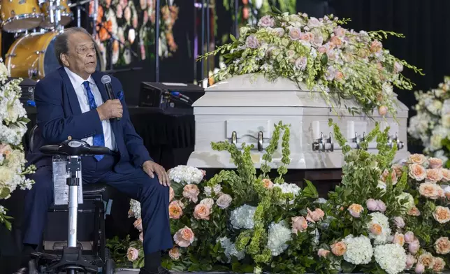 Andrew Young Jr., former United States Ambassador to the United Nations, shares fond memories of going to a high school prom with Sybil Morial during a Celebration of Life for Morial at Xavier University of Louisiana, Monday, Sept. 23, 2024, in New Orleans. (Chris Granger/The Times-Picayune/The New Orleans Advocate via AP)