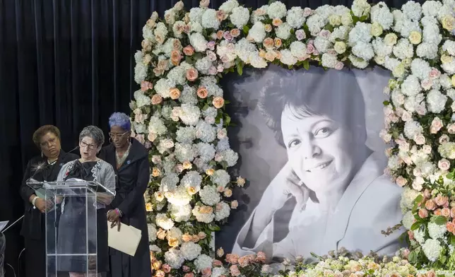 Terri Love, Madalyn Schenk and Kim Boyle pay personal tributes at the Celebration of Life for Sybil Haydel Morial at Xavier University of Louisiana, Monday, Sept. 23, 2024, in New Orleans. (Chris Granger/The Times-Picayune/The New Orleans Advocate via AP)