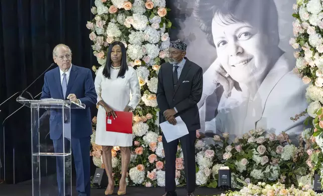 Rabbi Edward Cohn, Imam Nashid Salahu-deen and Pastor Debra Morton pay tribute to Sybil Haydel Morial at Xavier University of Louisiana during a Celebration of Life, Monday, Sept. 23, 2024, in New Orleans. (Chris Granger/The Times-Picayune/The New Orleans Advocate via AP)