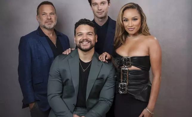 FILE - Norbert Leo Butz, from left, Josh Rivera, Patrick Schwarzenegger and Jaylen Barron pose for a portrait to promote the FX television series "American Sports Story: Aaron Hernandez" during the Summer Television Critics Association Press Tour in Pasadena, Calif., on July 17, 2024. (Willy Sanjuan/Invision/AP, File)