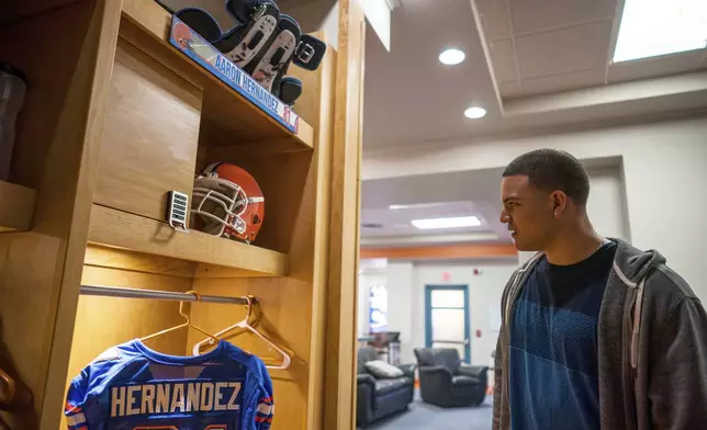 This image released by FX shows Josh Rivera as Aaron Hernandez in a scene from the FX series "American Sports Story: Aaron Hernandez." (FX via AP)