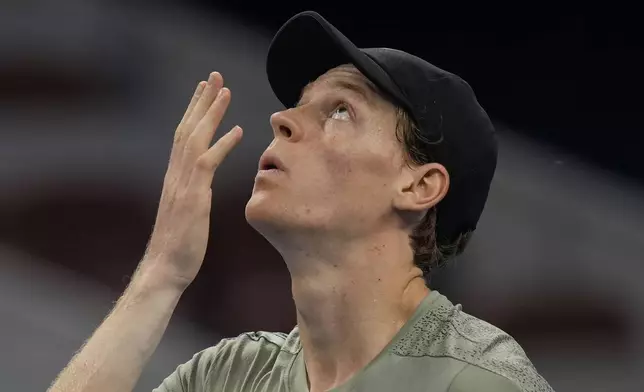 FILE - Italy's Jannick Sinner gestures after defeating Chile's Nicolas Jarry during the China Open tennis tournament held at the National Tennis Center in Beijing, Thursday, Sept. 26, 2024. (AP Photo/Ng Han Guan, File)