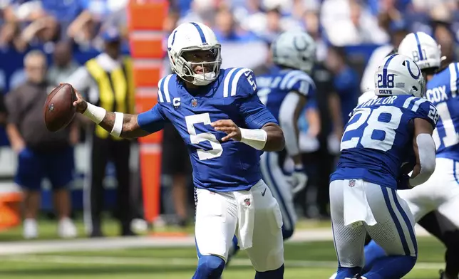 Indianapolis Colts quarterback Anthony Richardson (5) throws during the first half of an NFL football game against the Houston Texans, Sunday, Sept. 8, 2024, in Indianapolis. (AP Photo/Michael Conroy)