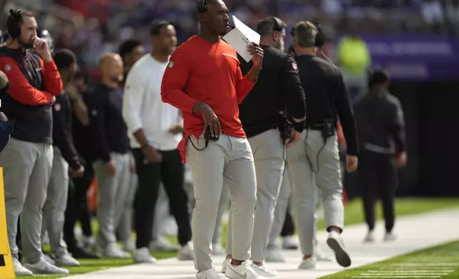 Houston Texans head coach DeMeco Ryans watches from the sideline during the first half of an NFL football game against the Minnesota Vikings, Sunday, Sept. 22, 2024, in Minneapolis. (AP Photo/Abbie Parr)