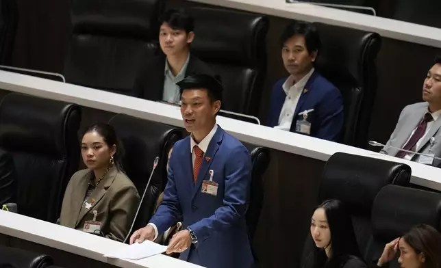 Leader of People's Party, Natthaphong Ruengpanyawut asks a question after Thailand's Prime Minister Paetongtarn Shinawatra makes the policy statement at parliament in Bangkok, Thailand, Thursday, Sept. 12, 2024. (AP Photo/Sakchai Lalit)