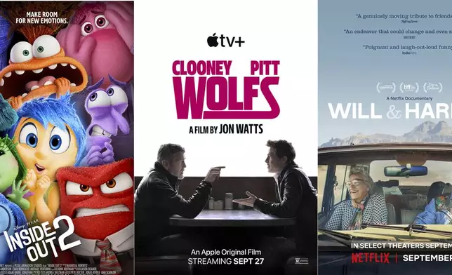 This combination of images shows promotional art for the films, "Inside Out 2," from left, "Wolfs," and "Will &amp; Harper." (Disney/Apple TV+/Netflix via AP)