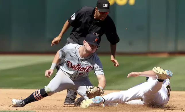 Oakland Athletics' Zack Gelof, right, slides into second base on a stolen base as Detroit Tigers shortstop Trey Sweeney, left, applies the tag during the fourth inning of a baseball game in Oakland, Calif., Sunday, Sept. 8, 2024. (AP Photo/Jed Jacobsohn)