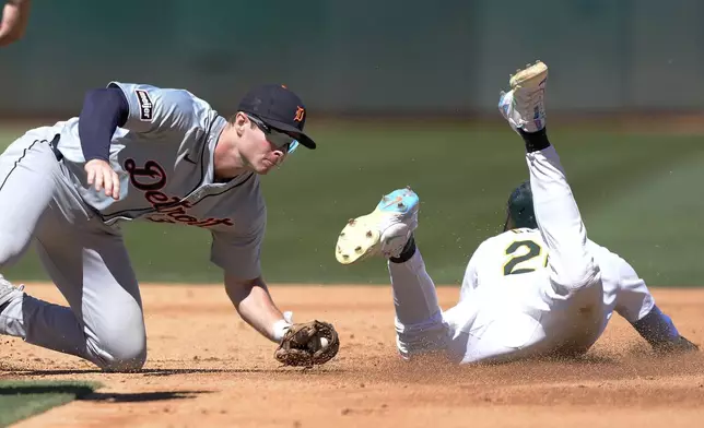 Oakland Athletics' Zack Gelof (20) steals second base past the tag of Detroit Tigers second base Colt Keith (33) during the fifth inning of a baseball game Saturday, Sept. 7, 2024, in Oakland, Calif. (AP Photo/Tony Avelar)