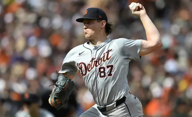 Detroit Tigers starting pitcher Tyler Holton throws during the second inning of a baseball game against the Baltimore Orioles, Sunday, Sept. 22, 2024, in Baltimore. (AP Photo/Nick Wass)