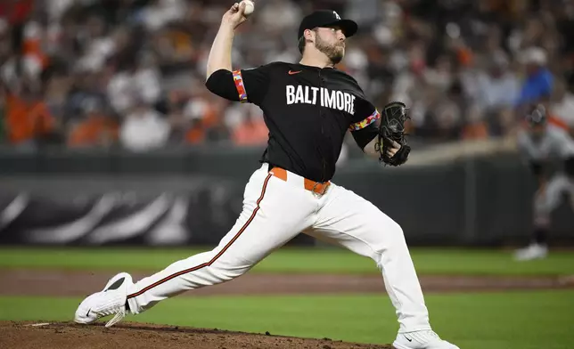 Baltimore Orioles starting pitcher Corbin Burnes throws during the second inning of a baseball game against the Detroit Tigers, Friday, Sept. 20, 2024, in Baltimore. (AP Photo/Nick Wass)