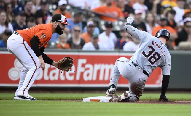 Detroit Tigers' Dillon Dingler (38) slides into third base with a triple against Baltimore Orioles third baseman Emmanuel Rivera, left, during the second inning of a baseball game, Saturday, Sept. 21, 2024, in Baltimore. (AP Photo/Nick Wass)