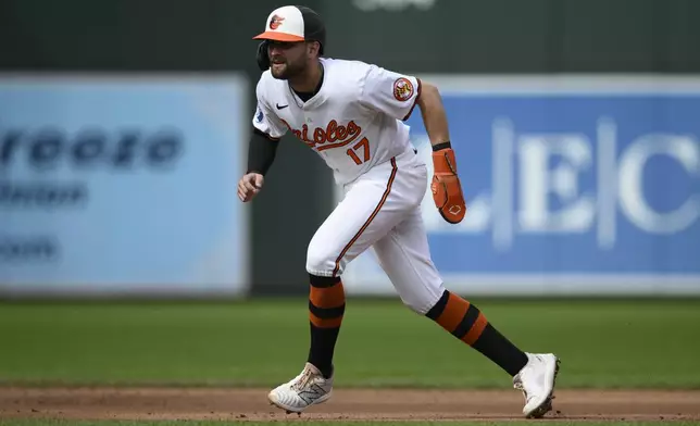 Baltimore Orioles' Colton Cowser takes a lead from second base during the second inning of a baseball game against the Detroit Tigers, Sunday, Sept. 22, 2024, in Baltimore. (AP Photo/Nick Wass)