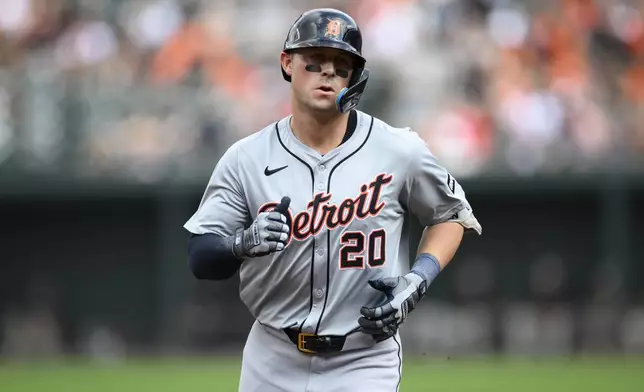 Detroit Tigers' Spencer Torkelson rounds the bases on his home run during the second inning of a baseball game against the Baltimore Orioles, Sunday, Sept. 22, 2024, in Baltimore. (AP Photo/Nick Wass)