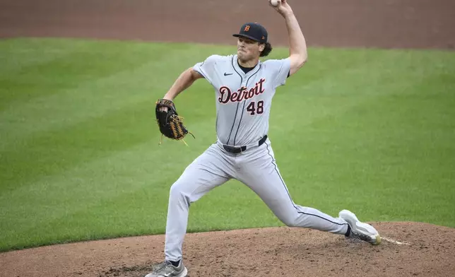 Detroit Tigers relief pitcher Brant Hurter throws during the fourth inning of a baseball game against the Baltimore Orioles, Saturday, Sept. 21, 2024, in Baltimore. (AP Photo/Nick Wass)