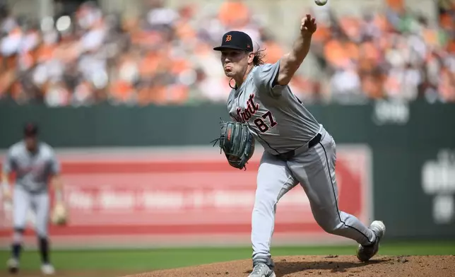 Detroit Tigers starting pitcher Tyler Holton throws during the first inning of a baseball game, Sunday, Sept. 22, 2024, in Baltimore. (AP Photo/Nick Wass)