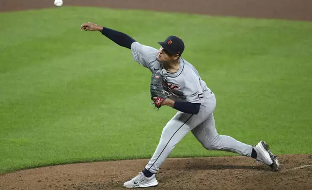 Detroit Tigers starting pitcher Keider Montero throws during the fourth inning of a baseball game against the Baltimore Orioles, Friday, Sept. 20, 2024, in Baltimore. (AP Photo/Nick Wass)