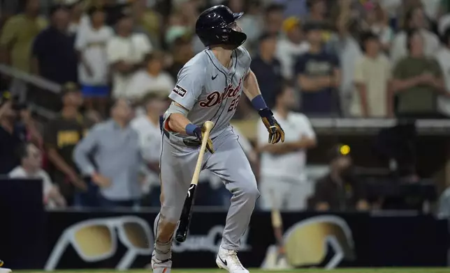 Detroit Tigers' Parker Meadows watches his grand slam during the ninth inning of a baseball game against the San Diego Padres, Thursday, Sept. 5, 2024, in San Diego. (AP Photo/Gregory Bull)