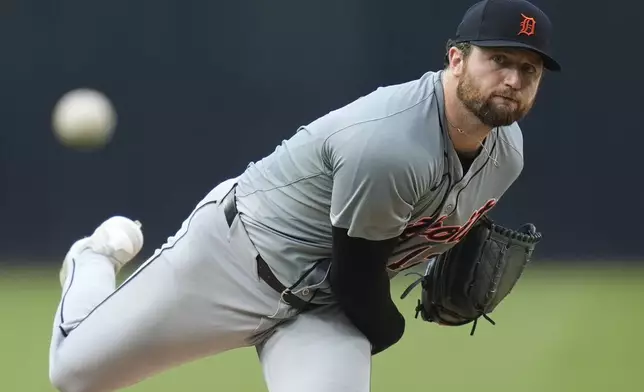 Detroit Tigers starting pitcher Casey Mize works against a San Diego Padres batter during the first inning of a baseball game Thursday, Sept. 5, 2024, in San Diego. (AP Photo/Gregory Bull)