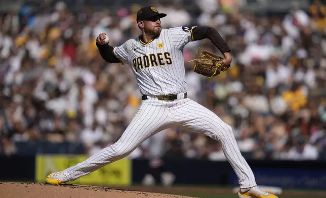 San Diego Padres starting pitcher Joe Musgrove works against a Detroit Tigers batter during the second inning of a baseball game Monday, Sept. 2, 2024, in San Diego. (AP Photo/Gregory Bull)