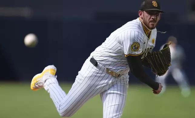 San Diego Padres starting pitcher Joe Musgrove works against a Detroit Tigers batter during the first inning of a baseball game Monday, Sept. 2, 2024, in San Diego. (AP Photo/Gregory Bull)