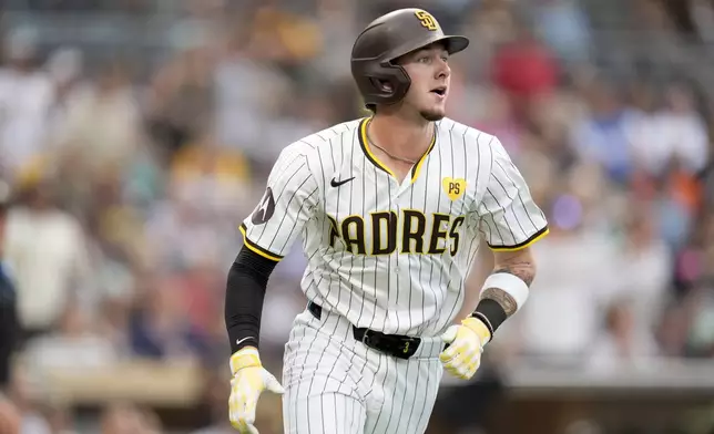 San Diego Padres' Jackson Merrill watches his line out during the second inning of a baseball game against the Detroit Tigers, Thursday, Sept. 5, 2024, in San Diego. (AP Photo/Gregory Bull)