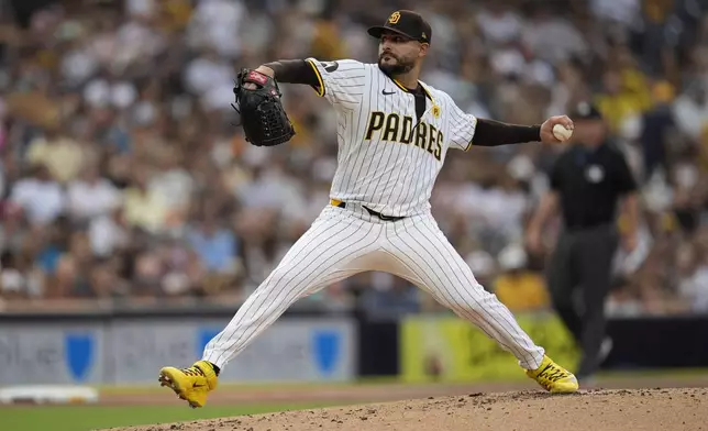 San Diego Padres starting pitcher Martin Perez works against a Detroit Tigers batter during the third inning of a baseball game Thursday, Sept. 5, 2024, in San Diego. (AP Photo/Gregory Bull)