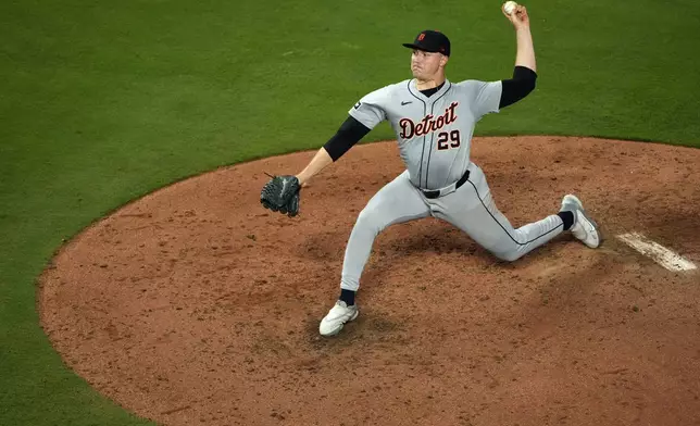 Detroit Tigers starting pitcher Tarik Skubal throws during the fifth inning of a baseball game against the Kansas City Royals Wednesday, Sept. 18, 2024, in Kansas City, Mo. (AP Photo/Charlie Riedel)