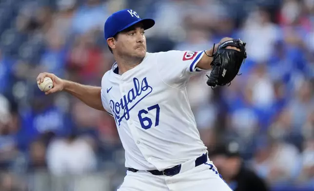 Kansas City Royals starting pitcher Seth Lugo throws during the first inning of a baseball game against the Detroit Tigers Monday, Sept. 16, 2024, in Kansas City, Mo. (AP Photo/Charlie Riedel)