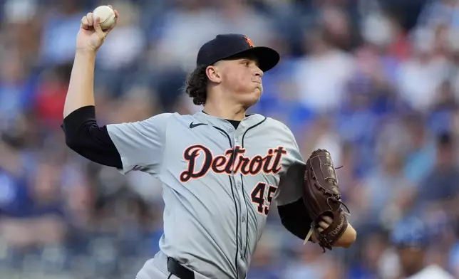 Detroit Tigers starting pitcher Reese Olson throws during the first inning of a baseball game against the Kansas City Royals Monday, Sept. 16, 2024, in Kansas City, Mo. (AP Photo/Charlie Riedel)