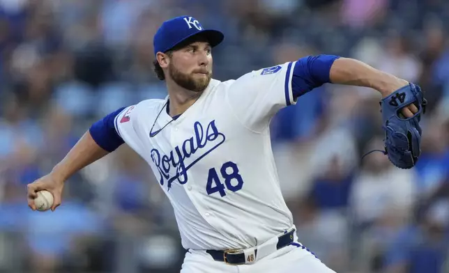 Kansas City Royals starting pitcher Alec Marsh throws during the first inning of a baseball game against the Detroit Tigers Wednesday, Sept. 18, 2024, in Kansas City, Mo. (AP Photo/Charlie Riedel)