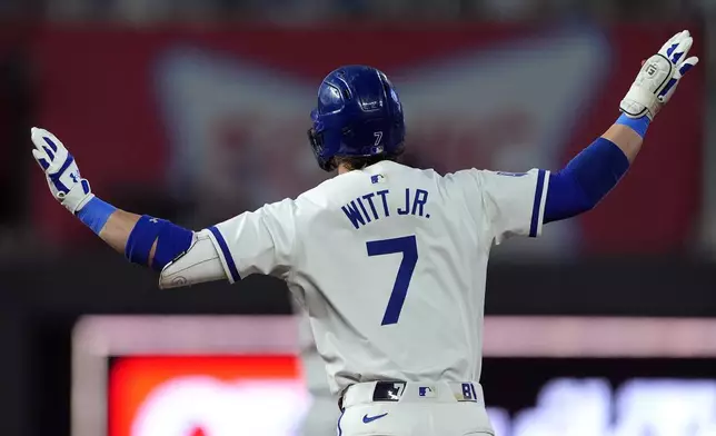 Kansas City Royals' Bobby Witt Jr. runs the bases after hitting a grand slam during the third inning of a baseball game against the Detroit Tigers Monday, Sept. 16, 2024, in Kansas City, Mo. (AP Photo/Charlie Riedel)